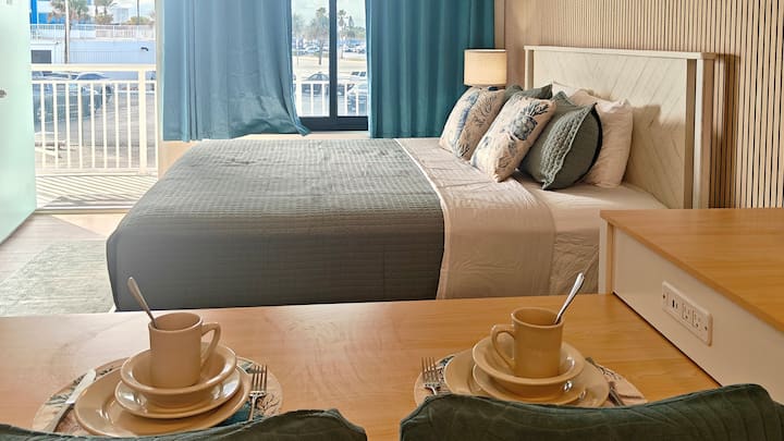Cozy modern bedroom with table setting
