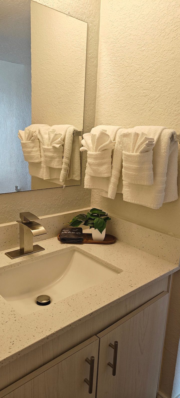Bathroom vanity with folded towels and plant