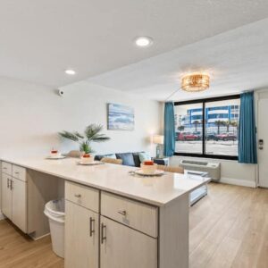 Bright modern living room with kitchen island