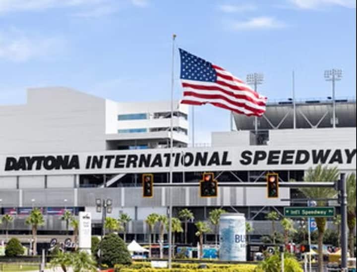 Daytona International Speedway entrance with American flag