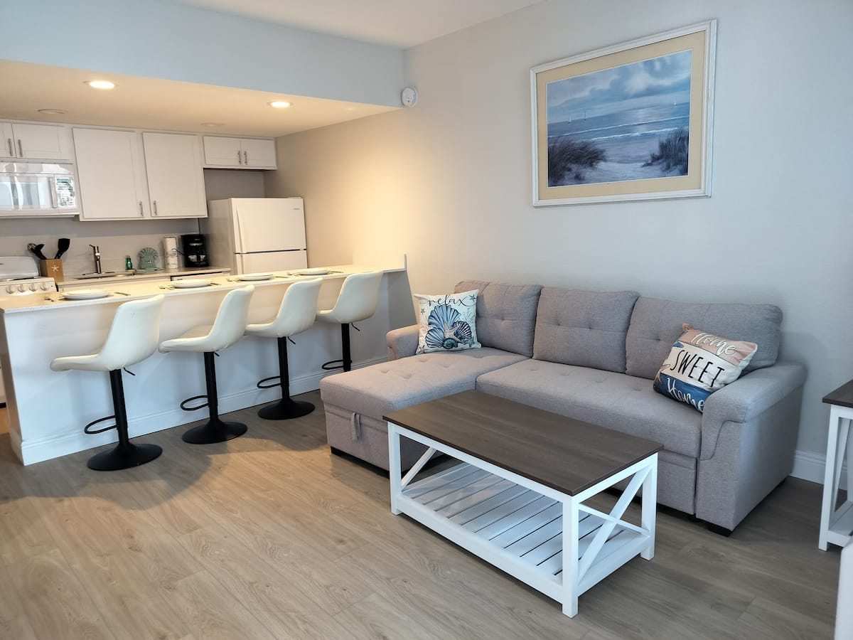 Cozy open-plan living room with kitchen bar