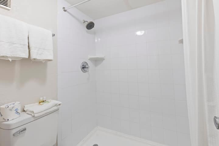 Tiled shower stall with toiletries on tank