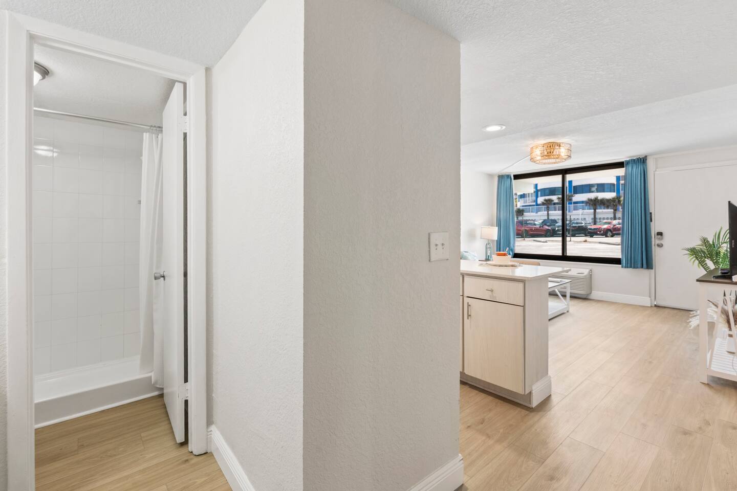 Studio apartment interior with kitchenette and bathroom