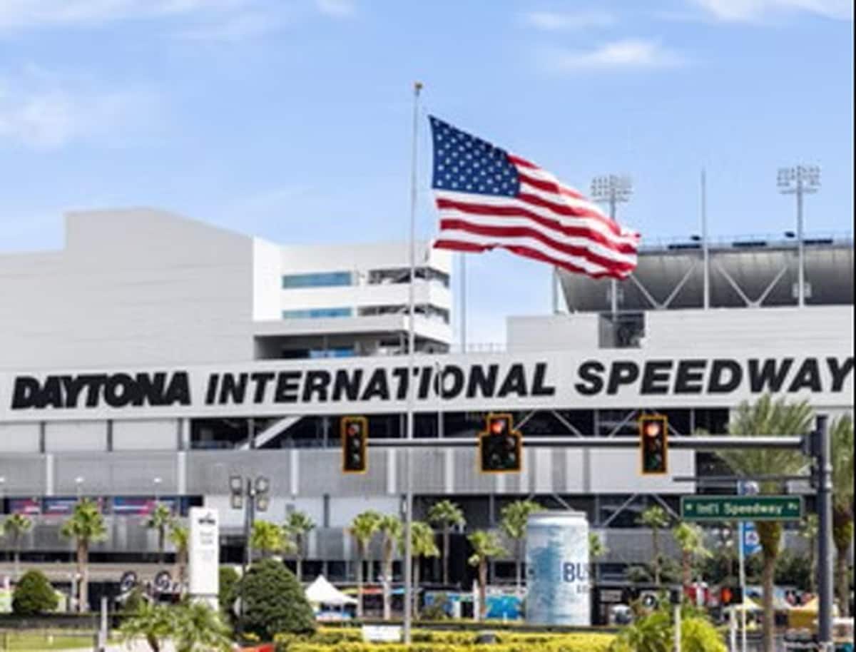 Entrance signage with stars and stripes flying